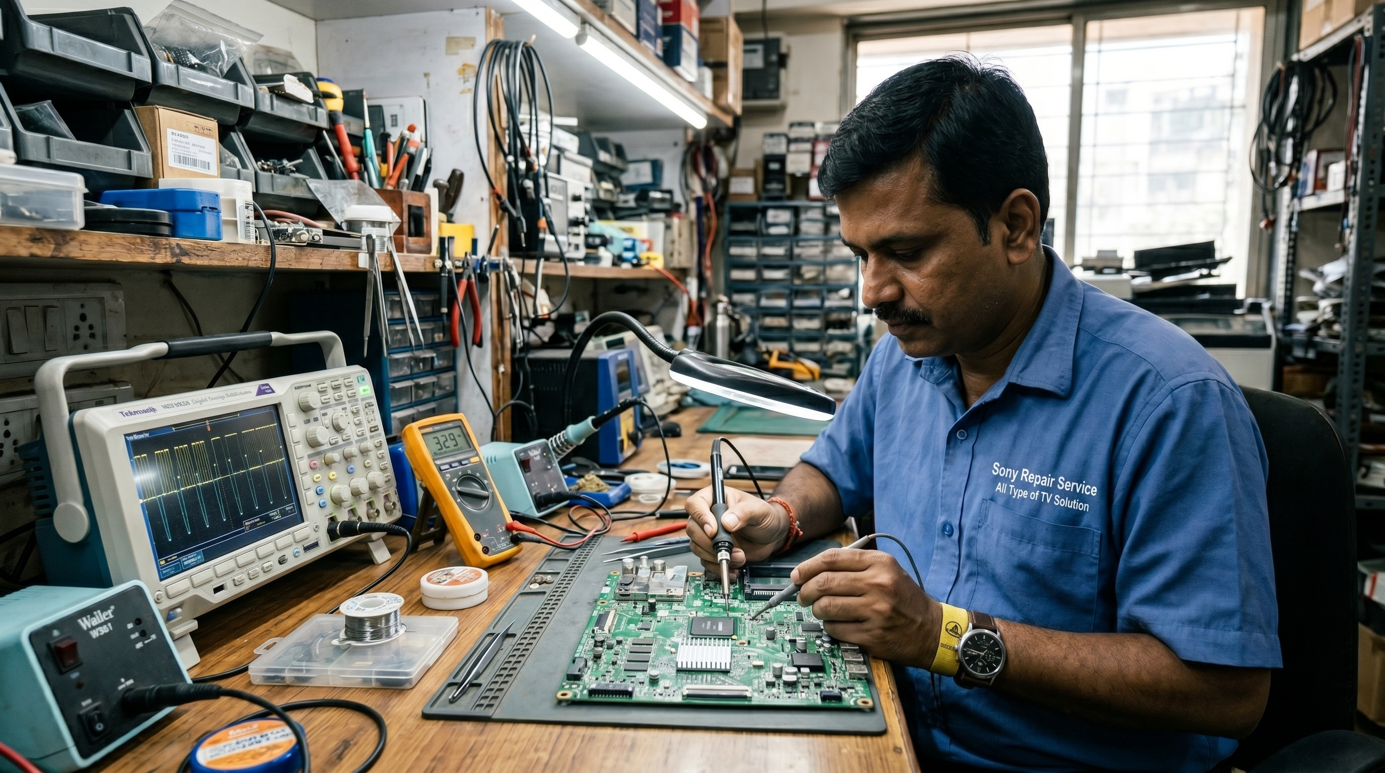TV repair technician diagnosing LED television